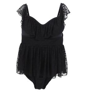 Torrid Black Mesh Polka Dot Ruffle One Piece Swimsuit Tummy Control Size 1/1X